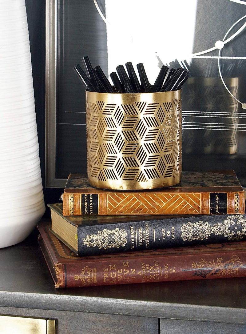 Deco 79 Metal Geometric Pencil Cup with Laser Carved Design, 4" x 4" x 4", Gold - Image 2